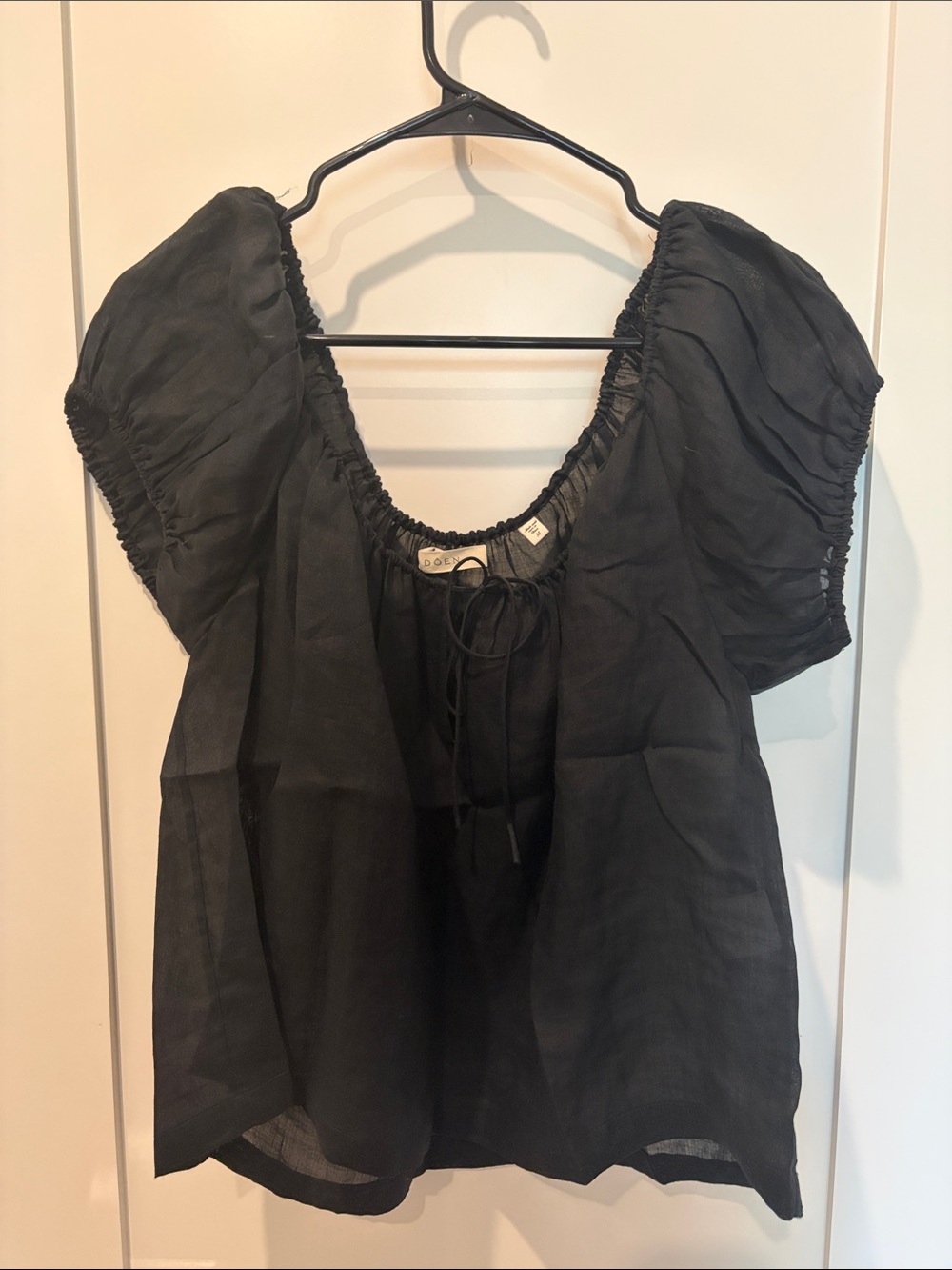 Doen Black Peasant Blouse with Tie Neck